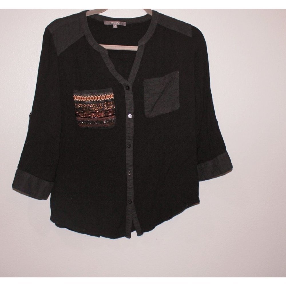 Miss Me Blouse Women's Medium M Black Button Back Mixed Media Western Pocket Top